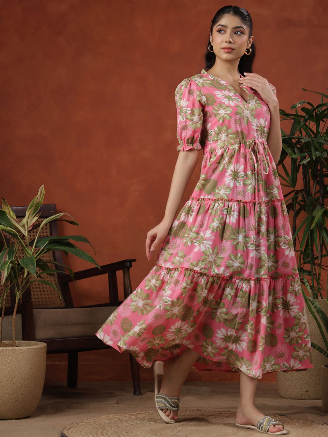 Dhiyona AY Women's Printed Tiered Cotton Maxi Ethnic Dress