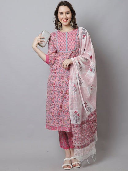Dhiyona KL Floral Printed Round Neck Pure Cotton Straight Kurta With Trousers & Dupatta