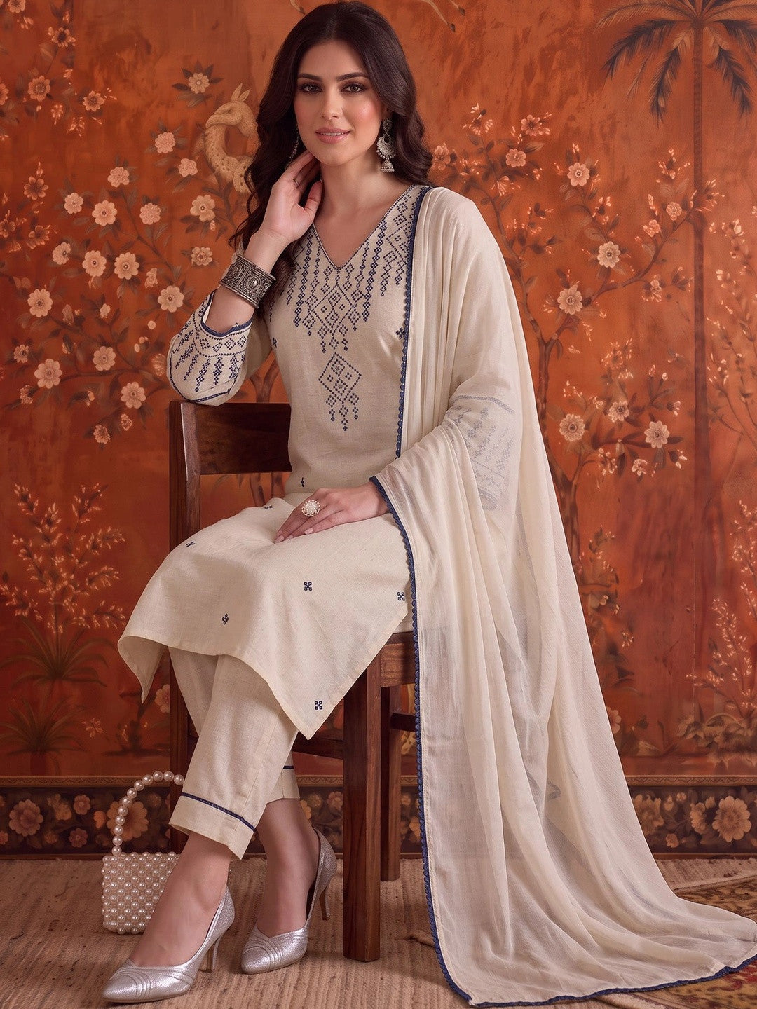 Embroidered V Neck Kurta Sets