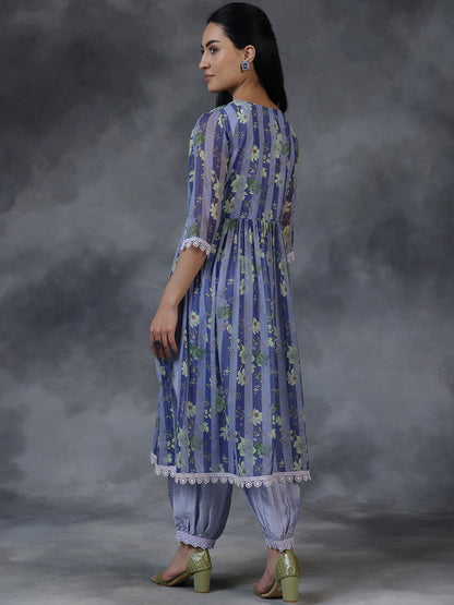 Floral Printed Lace Inserts Empire Kurta With Salwar