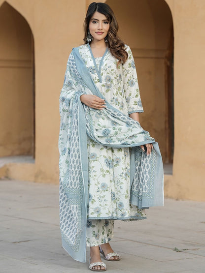 Dhiyona KL Women Floral Printed Regular Thread Work Pure Cotton Kurta with Trousers & With Dupatta