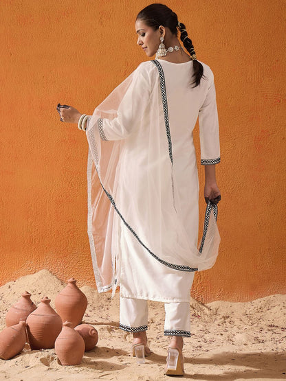 Dhiyona IE White Floral Embroidered Straight Kurta with Trousers & Dupatta