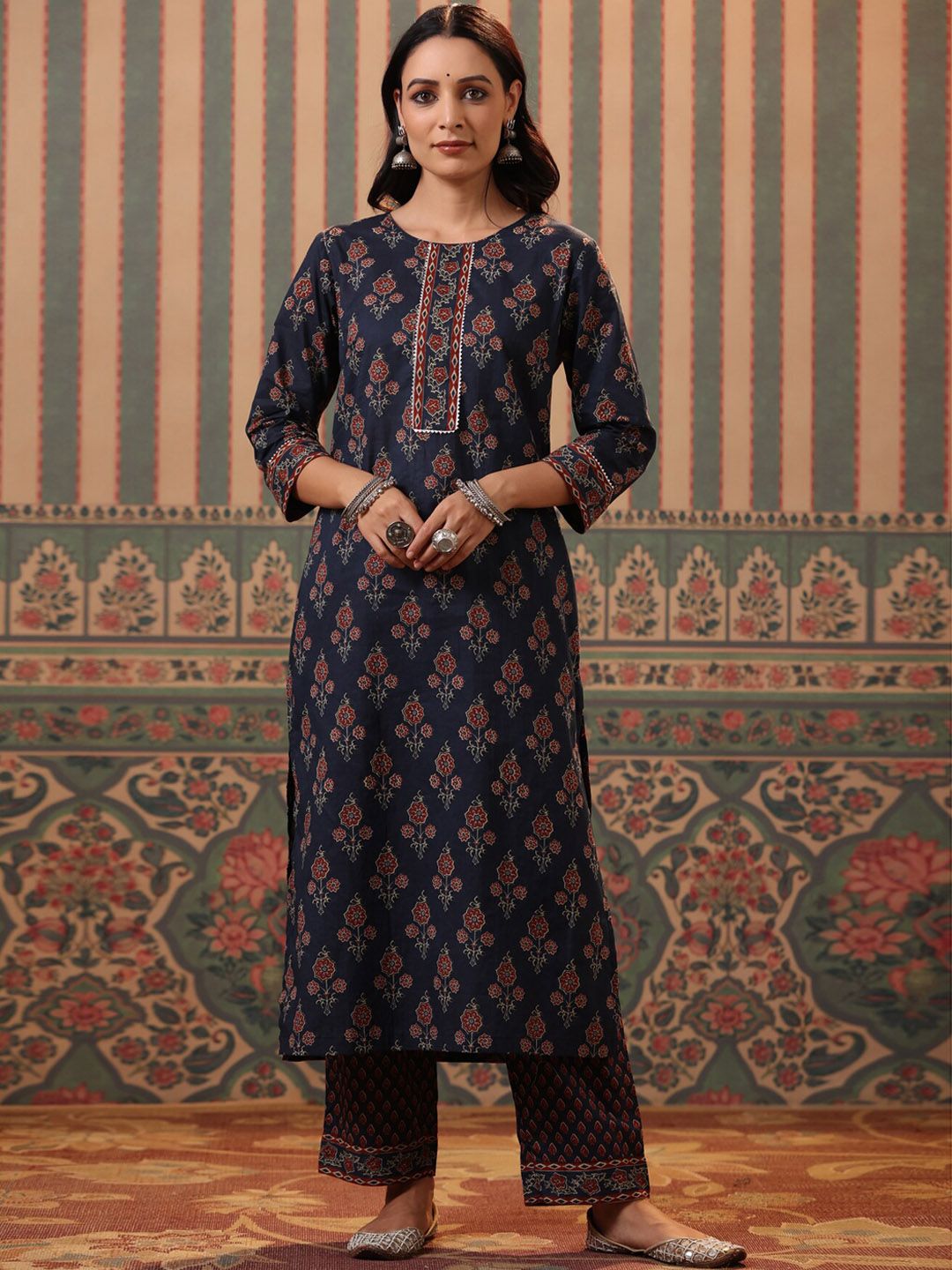 Dhiyona RR Women's Ethnic Printed Pure Cotton Kurta with Palazzos & Dupatta