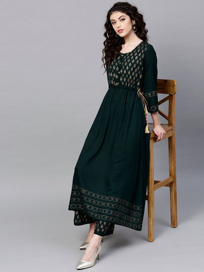 Dhiyona IS Women's Women Green Ethnic Motifs Yoke Design Kurta with Trousers