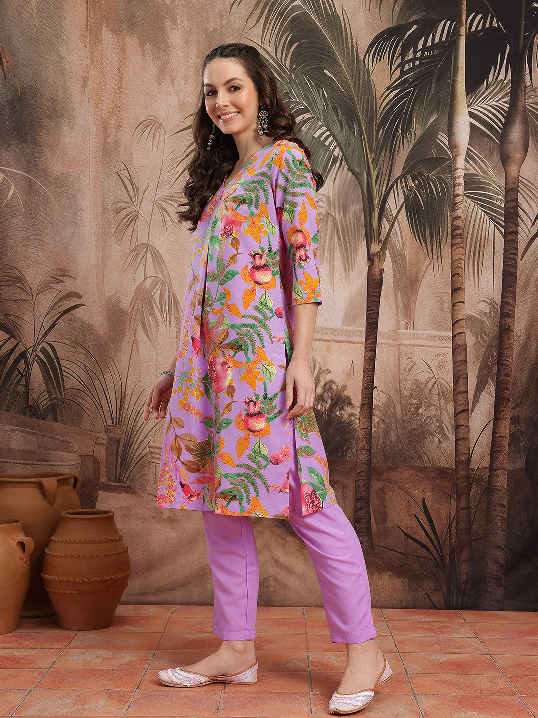 Floral Print Pleated Kurta with Trousers