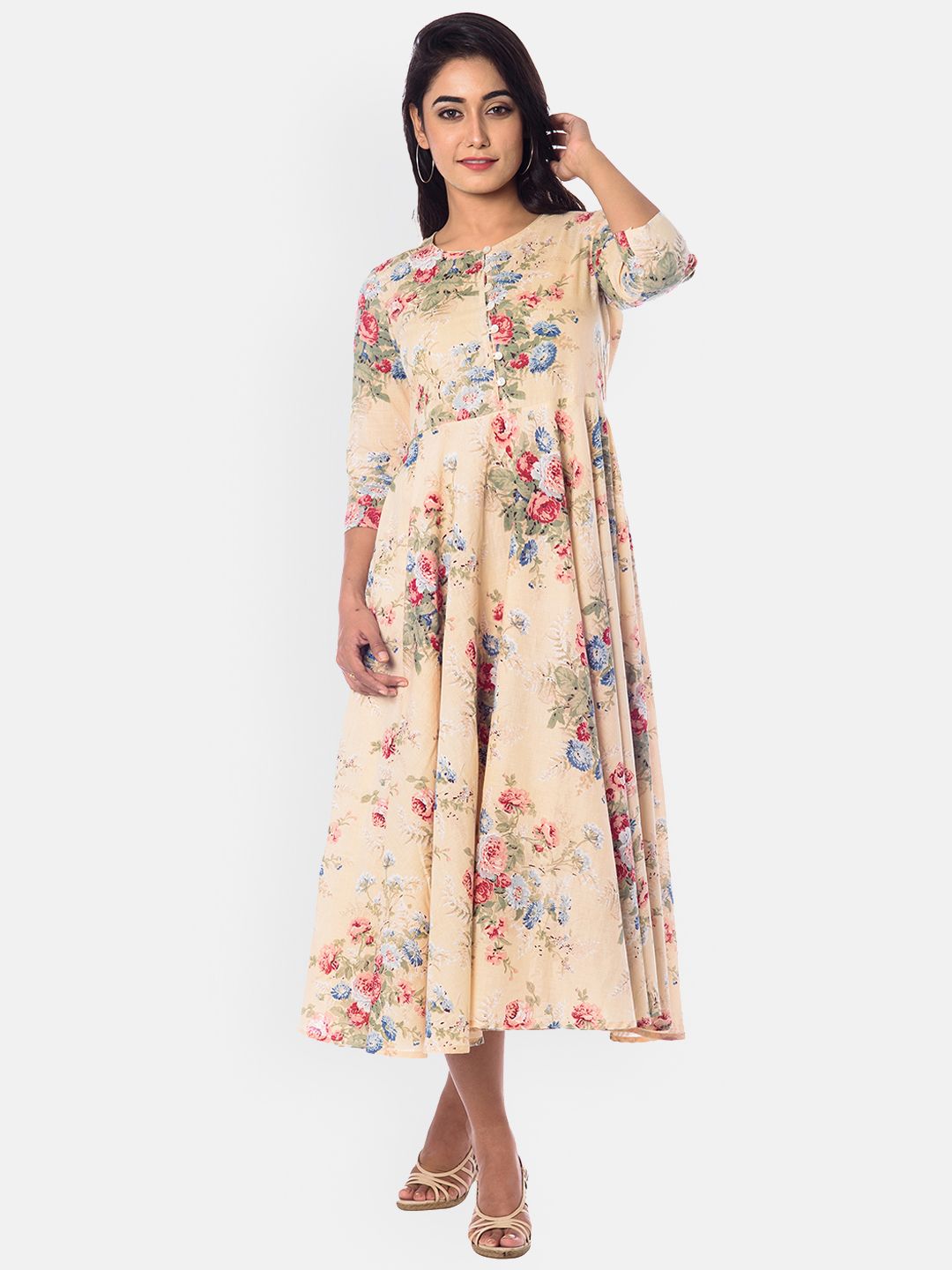 Dhiyona AY Women's Beige Printed Fit and Flare Dress