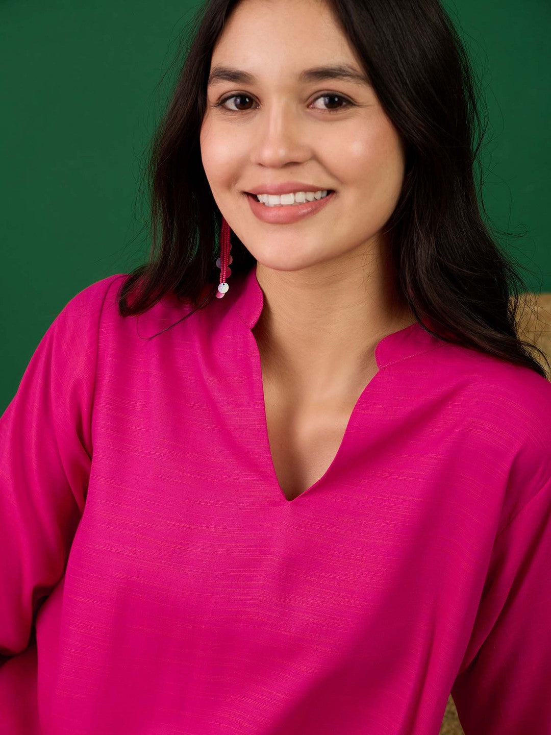 Fuchsia Mandarin Collar A-Line Kurta With Palazzo