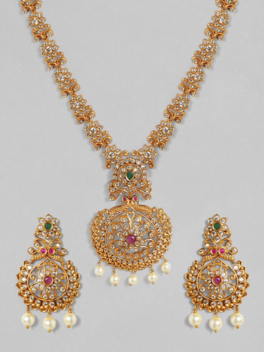 Dhiyona RJ Women's 24K Gold Plated Ruby Emerald & CZ Studded Pearl Beaded Temple Jewellery Set
