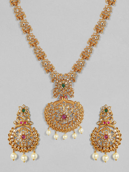 Dhiyona RJ Women's 24K Gold Plated Ruby Emerald & CZ Studded Pearl Beaded Temple Jewellery Set
