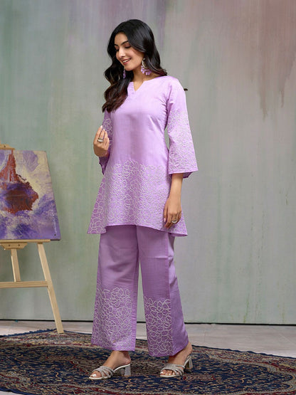 Dhiyona CH Women Floral Embroidered Sequined A-Line Kurta With Trousers