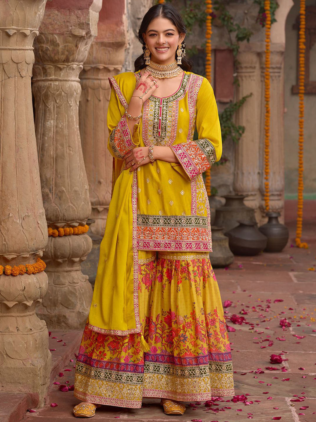 Embroidered Sequinned Kurti With Sharara & Dupatta