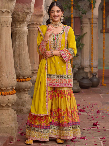 Embroidered Sequinned Kurti With Sharara & Dupatta
