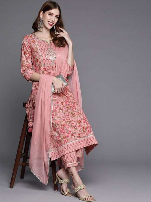 Dhiyona VA Women's Pink Printed Gotta Patti Pure Cotton Kurta with Trousers & Dupatta
