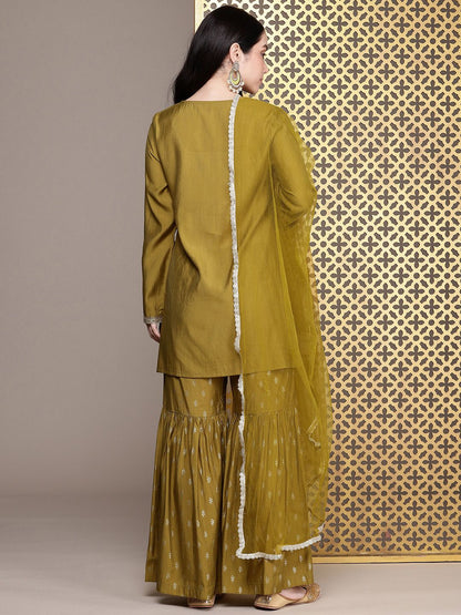 Dhiyona HOP Jashn Yoke Design Sequinned Zari Work Kurti With Sharara & Dupatta