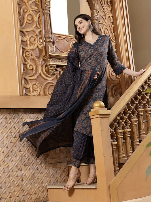 Dhiyona IS Women's ISHIN Sequinned Ajarakh Printed Cotton Straight Kurta with Printed Pants and Dupatta
