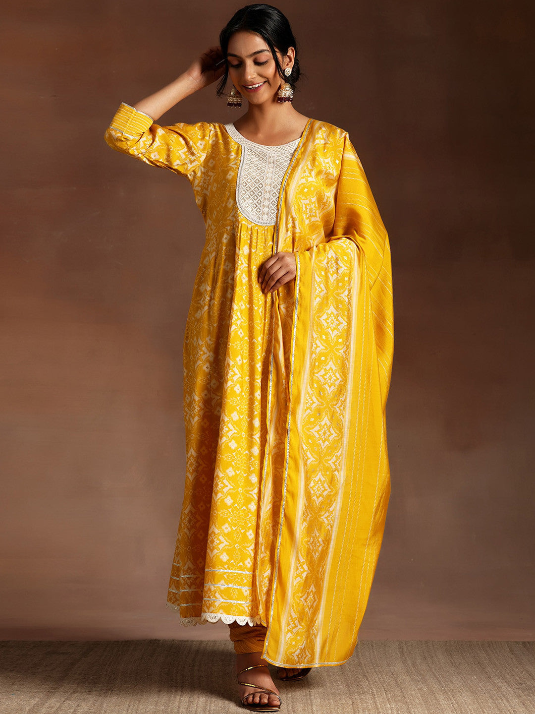 Womens Mustard Printed Anarkali Kurta With Churidar & Dupatta