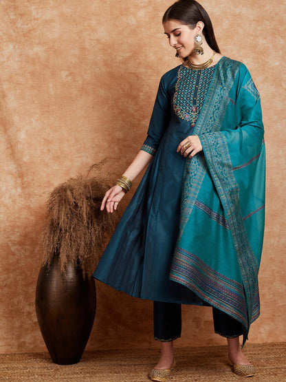 Dhiyona SN Women's Teal Blue Embroidered Zari Sequence A Line Kurta & Trousers Dupatta