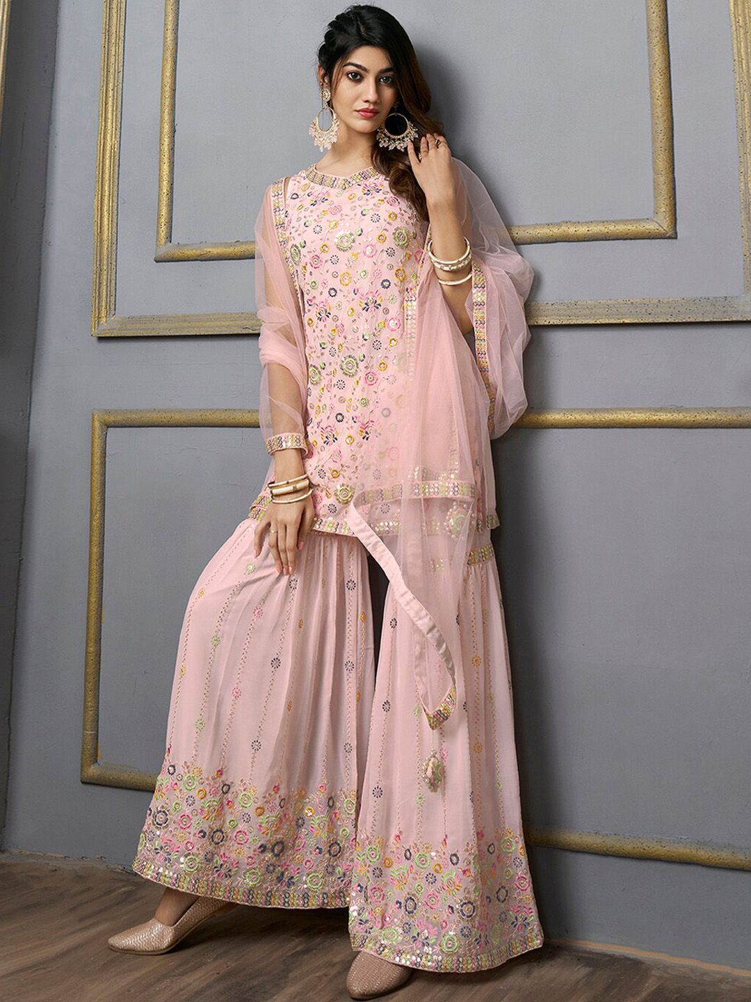Dhiyona IN V-Neck Floral Embroidered Sequinned Detailed Kurta & Sharara With Dupatta