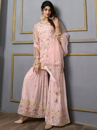 Dhiyona IN V-Neck Floral Embroidered Sequinned Detailed Kurta & Sharara With Dupatta