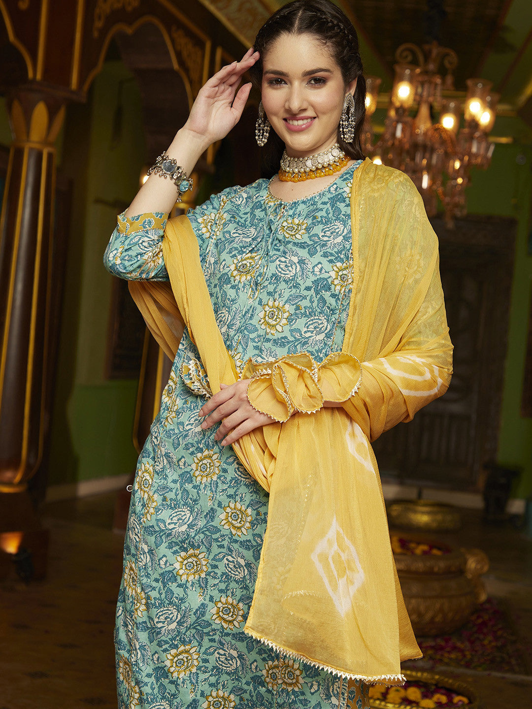 Floral Printed Pure Cotton Straight Kurta With Trouser & Dupatta Set