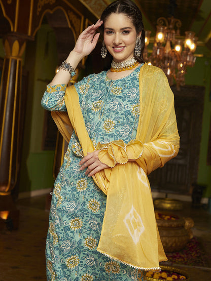 Floral Printed Pure Cotton Straight Kurta With Trouser & Dupatta Set