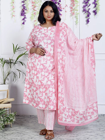 Dhiyona KL Women Floral Printed Regular Sequinned Pure Cotton Kurta with Trousers & With Dupatta