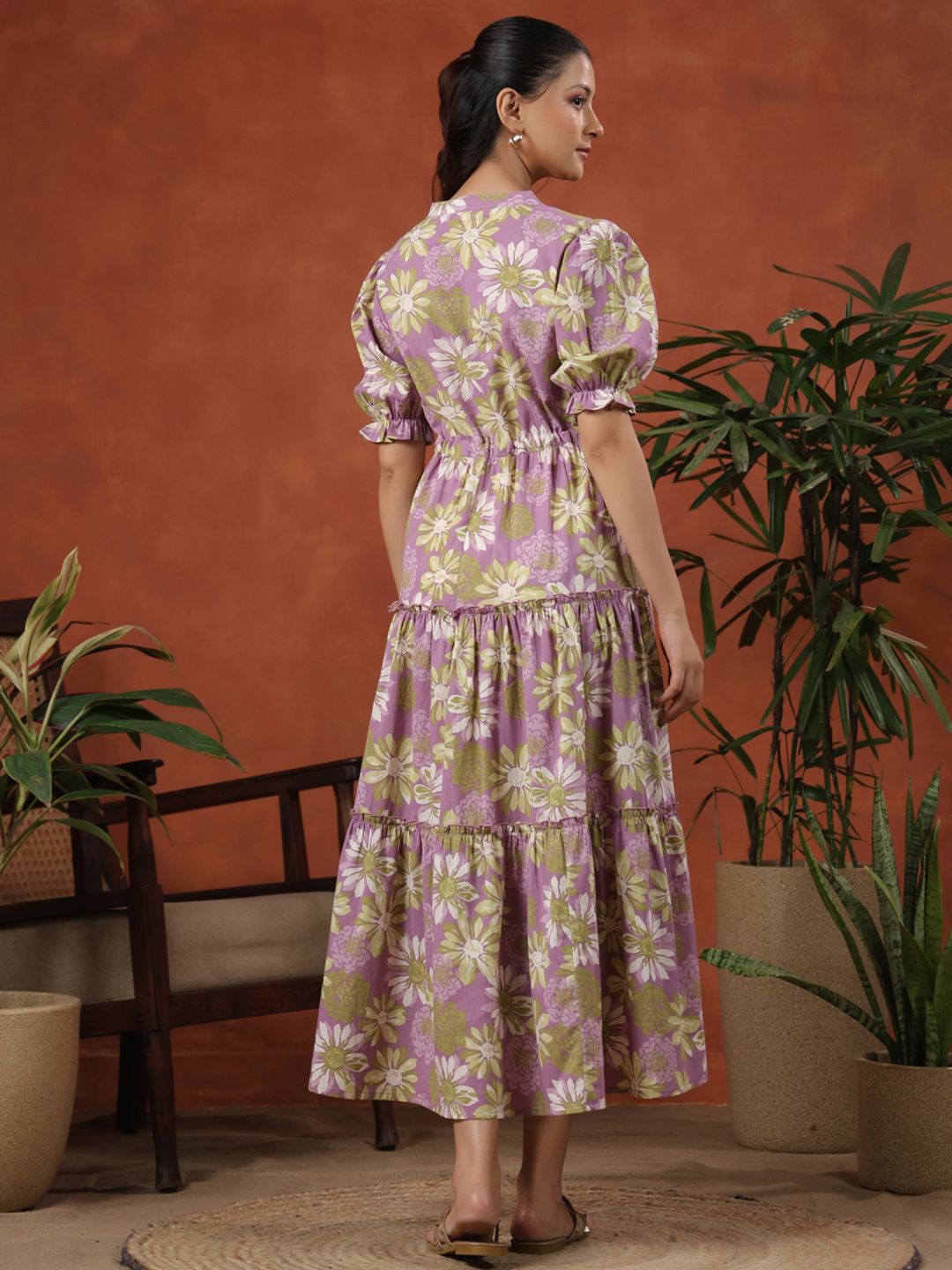 Dhiyona AY Women's Floral Print Tie-Up Tiered Cotton Maxi Fit & Flare Dress