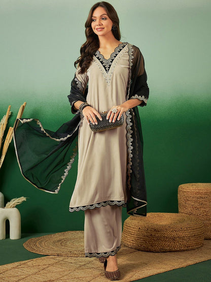 Dhiyona SN Ethnic Motifs Embroidered Sequined Velvet Kurta & Palazzos With Dupatta