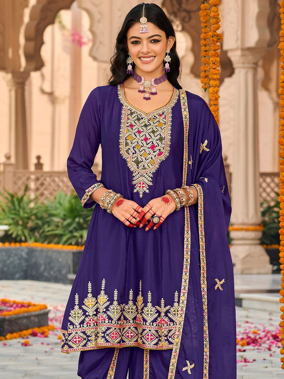 Dhiyona IE Floral Embroidered Sweetheart Neck Sequinned A-Line Kurta Dhoti Pants & Dupatta