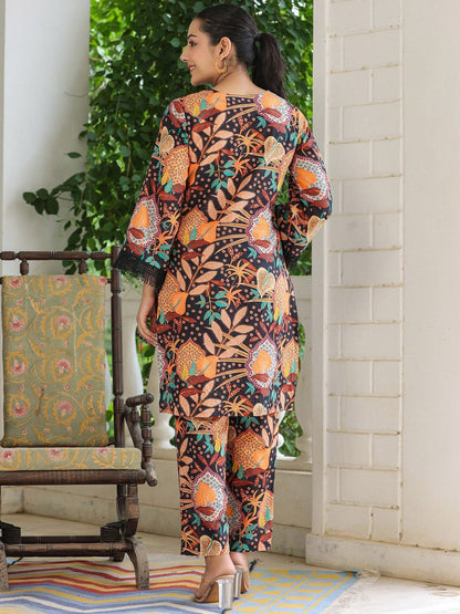 Dhiyona RR Women's Floral Printed Keyhole Neck Pure Cotton Kurta & Trousers