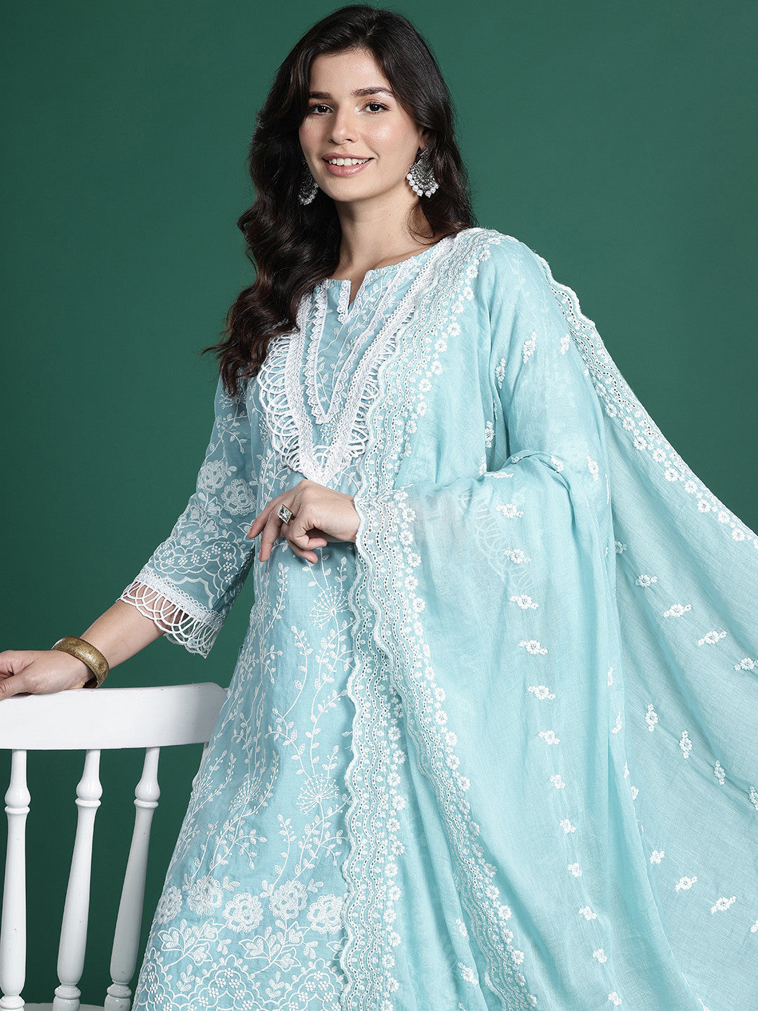 Floral Embroidered Thread Work Pure Cotton Kurta with Trousers & With Dupatta