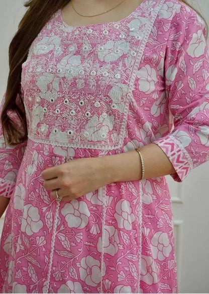 Dhiyona KL Floral Printed Mirror Work Pure Cotton Anarkali Kurta With Palazzo & Dupatta