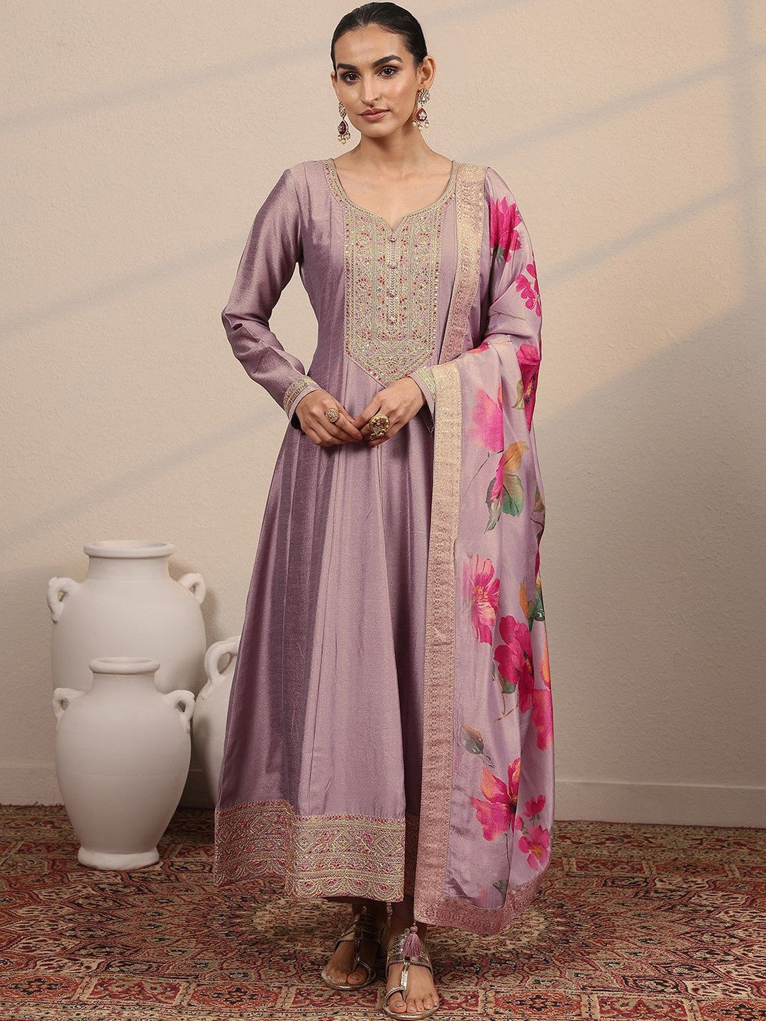 Floral Yoke Design Panelled Thread Work Zari Anarkali Kurta with Trousers & Dupatta