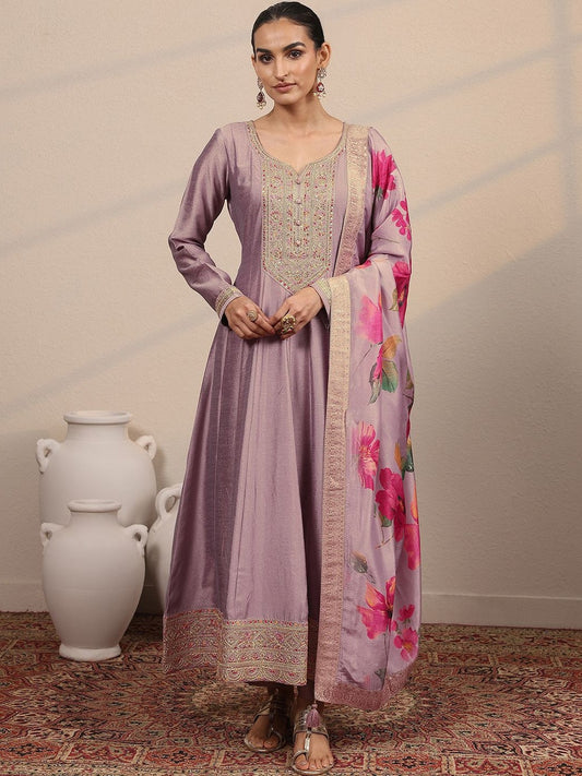 Floral Yoke Design Panelled Thread Work Zari Anarkali Kurta with Trousers & Dupatta