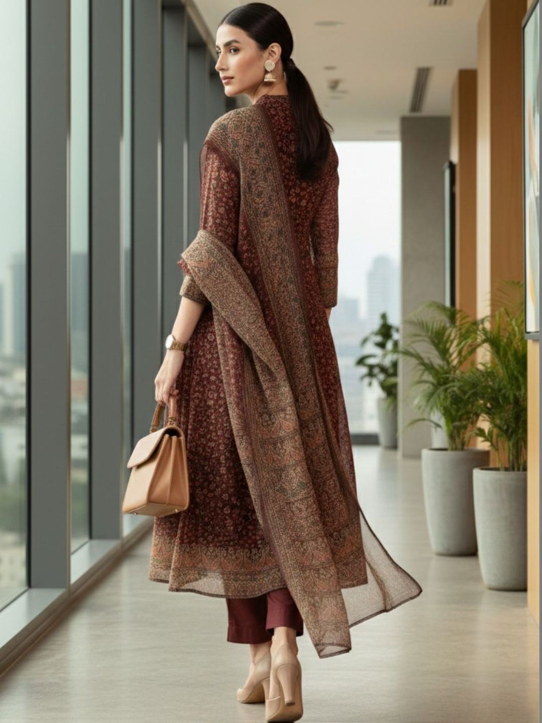 Maroon Women Ethnic Motifs Printed Regular Chanderi Silk Kurta with Trousers & With Dupatta
