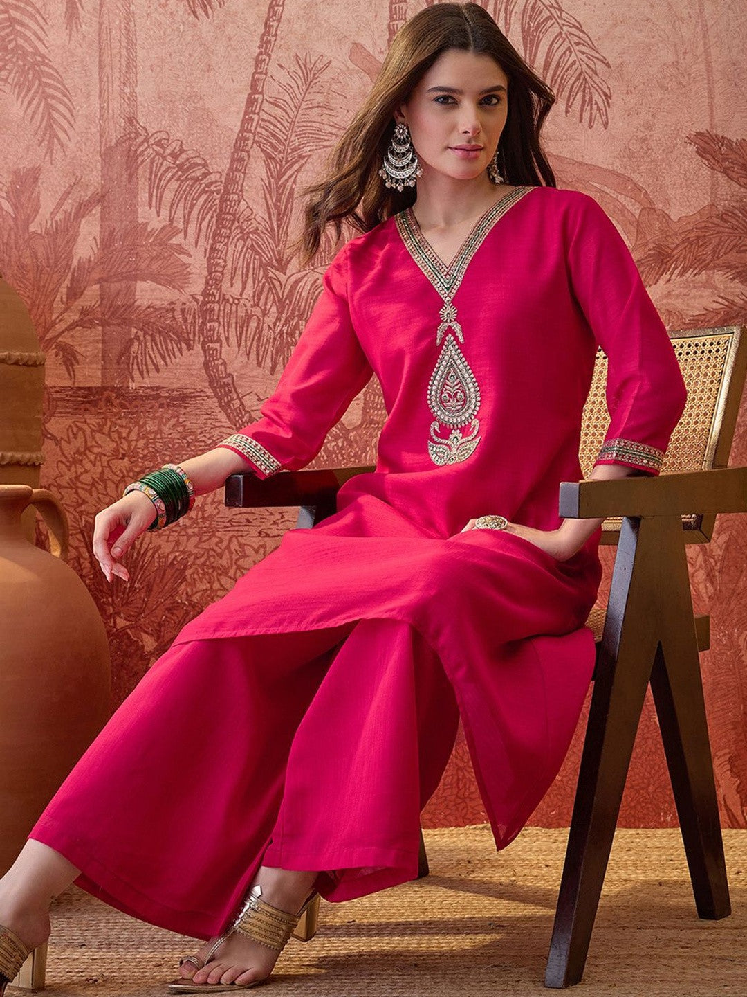 Embroidered V-Neck Kurta & Palazzos Kurta Set