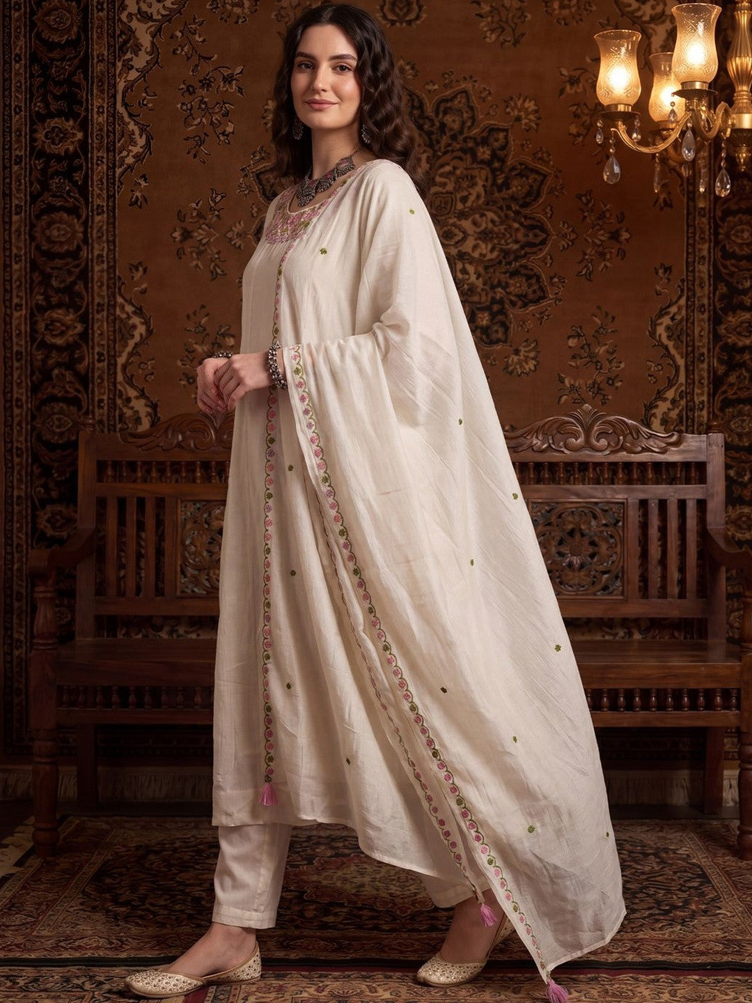 Women Ethnic Motifs Embroidered Regular Thread Work Kurta with Trousers & With Dupatta
