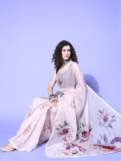 Women's Organza Beige Digital Print Designer Saree With Blouse Piece
