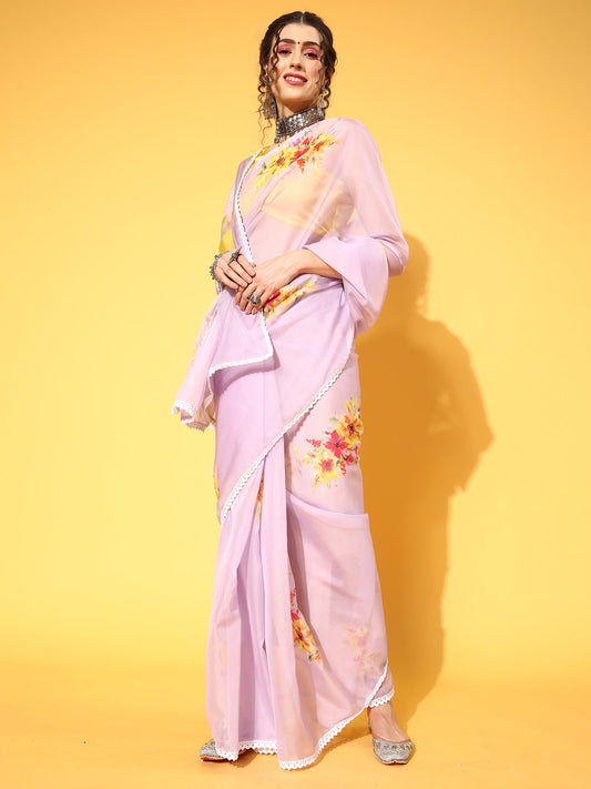 Women's Organza Lavendar Digital Print Designer Saree With Blouse Piece