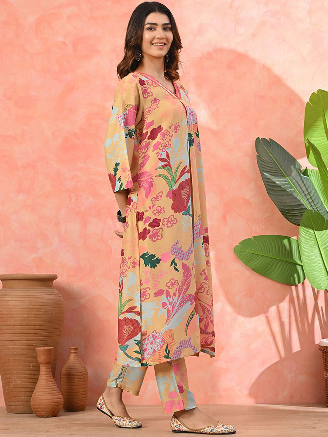 Floral Printed Pleated Sequinned Work V-Neck A-Line Kurta With Trousers