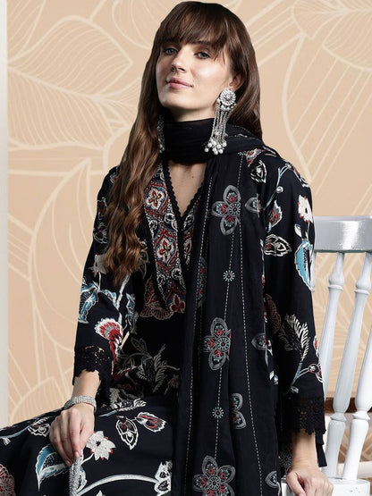 Women Floral Printed Regular Pure Cotton Kurta with Trousers & With Dupatta