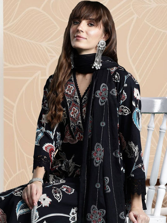 Women Floral Printed Regular Pure Cotton Kurta with Trousers & With Dupatta