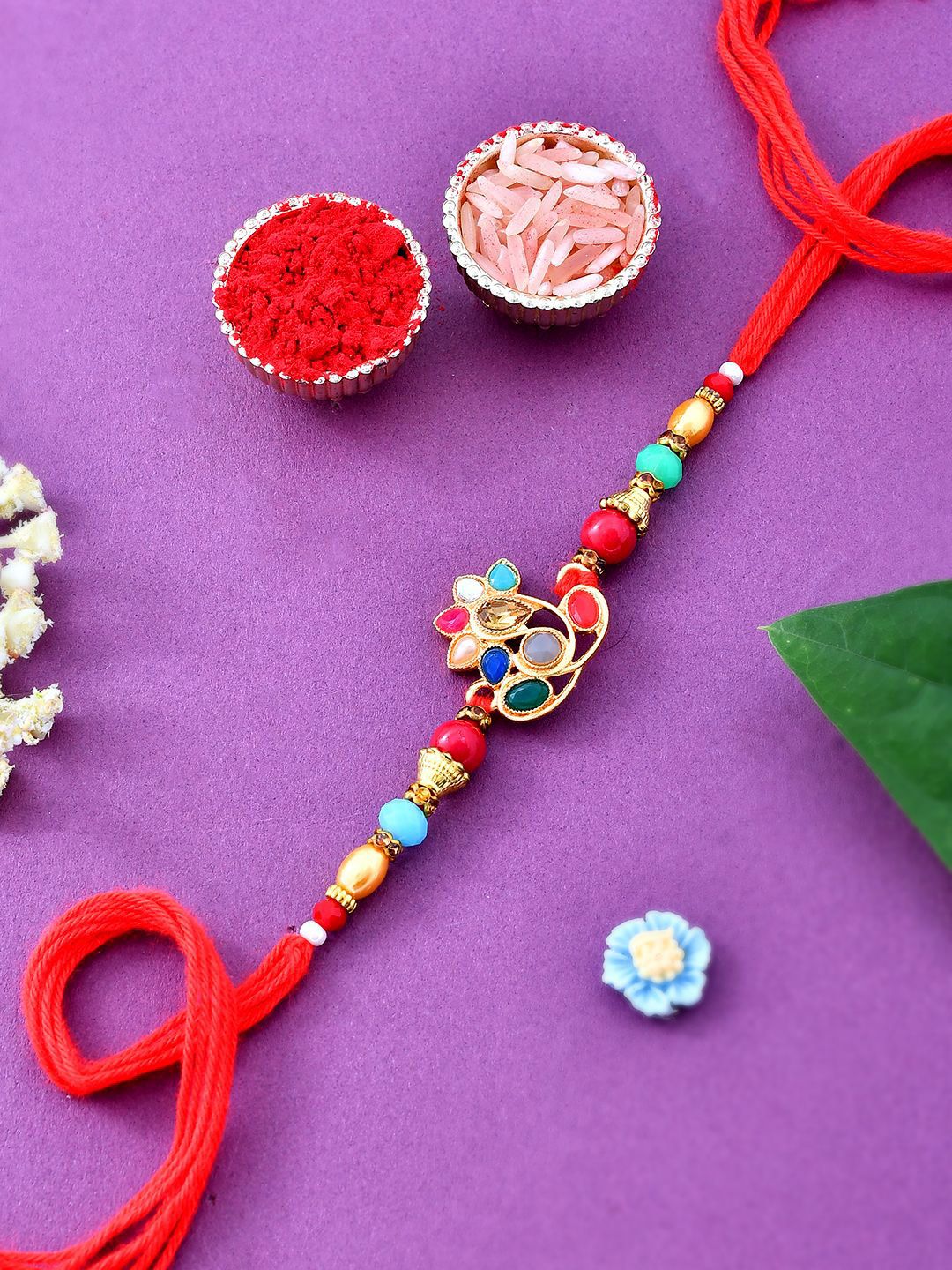 Dhiyona Red Beaded Embellished Rakhi With Roli Chawal & Greeting Card
