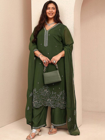 Dhiyona Women's Ethnic Motifs Embroidered Thread Work Kurta with Palazzos & Dupatta