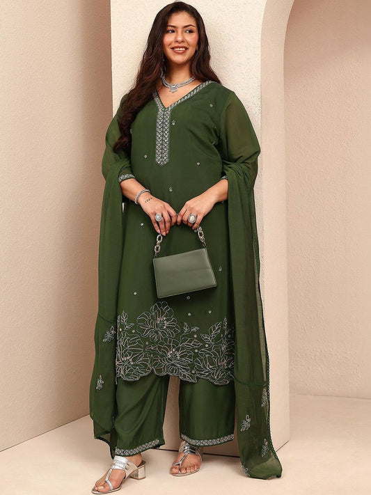 Dhiyona Women's Ethnic Motifs Embroidered Thread Work Kurta with Palazzos & Dupatta