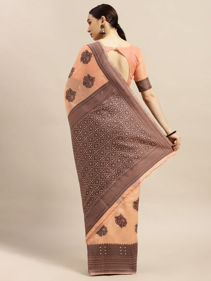 Women's Silk Blend Peach Woven Design Designer Saree With Blouse Piece