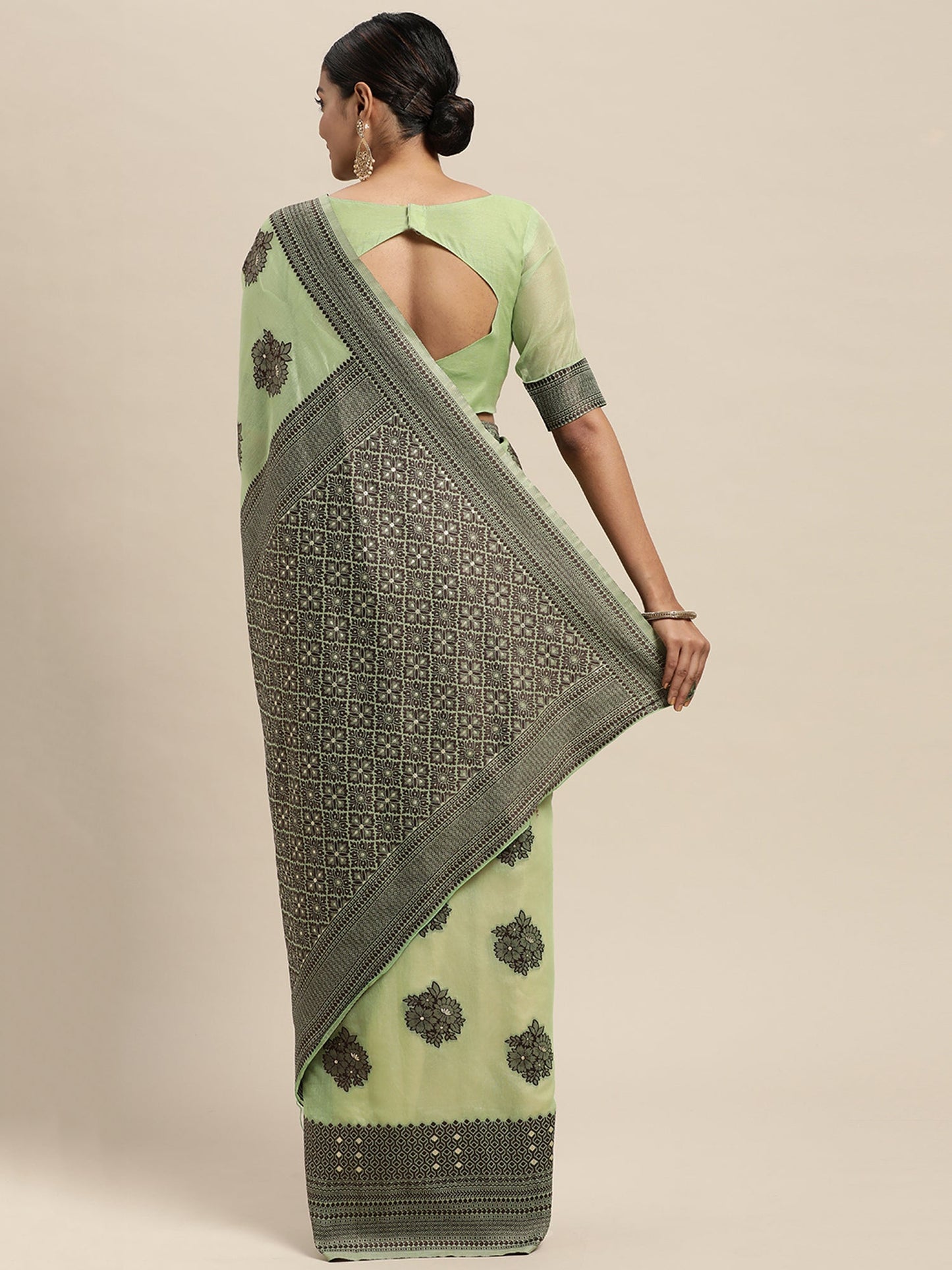 Women's Silk Blend Green Woven Design Designer Saree With Blouse Piece