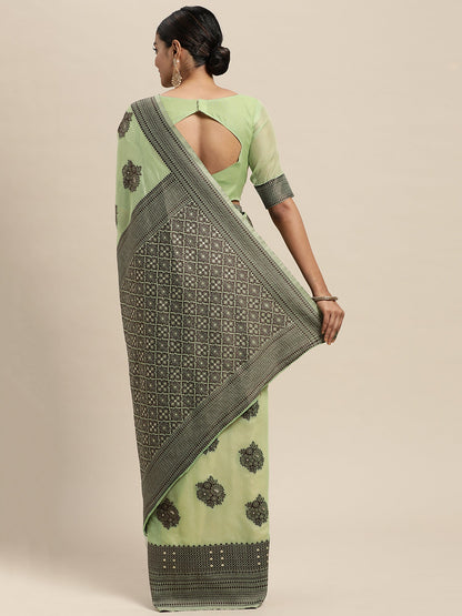 Women's Silk Blend Green Woven Design Designer Saree With Blouse Piece