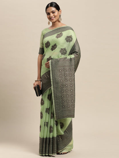 Women's Silk Blend Green Woven Design Designer Saree With Blouse Piece