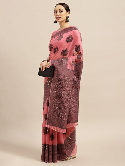 Women's Silk Blend Pink Woven Design Designer Saree With Blouse Piece
